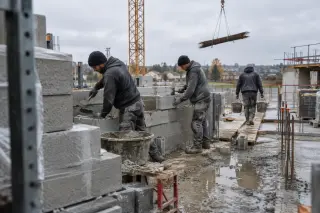 Maçons montant un mur en parpaings sur un chantier de logements, l’un d’eux porte un seau de mortier
