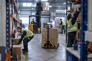 Préparateurs de commandes au travail dans une allée d’entrepôt logistique, cartons empilés sur un transpalette