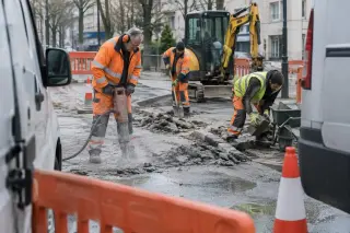 Équipe de voirie cassant l’enrobé au marteau-piqueur et chargeant des bordures sur une rue en travaux